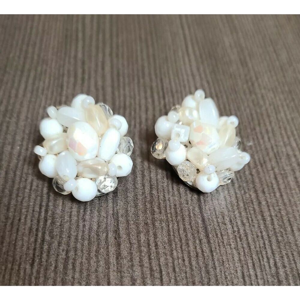 Vintage 50s Clip Earrings Milk Glass White Bead Clusters Made in Western Germany